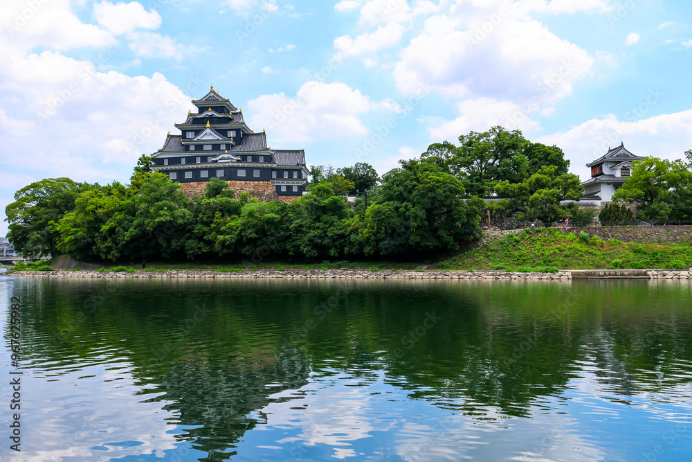 Asahi River view and Okayama Castle in summer Asahi River view and Okayama Castle in summer
