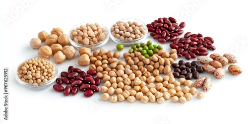 A polished grouping of assorted legumes, including chickpeas, black beans, kidney beans, and green peas, each with a shiny, smooth finish, isolated on a white background photo