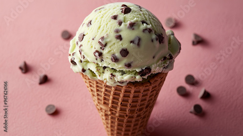 Sweet ice cream in a waffle cone sprinkled with chocolate chips