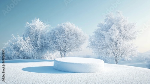 A frosty, snow-covered winners' podium isolated in a white winter wonderland, awaiting competitors.