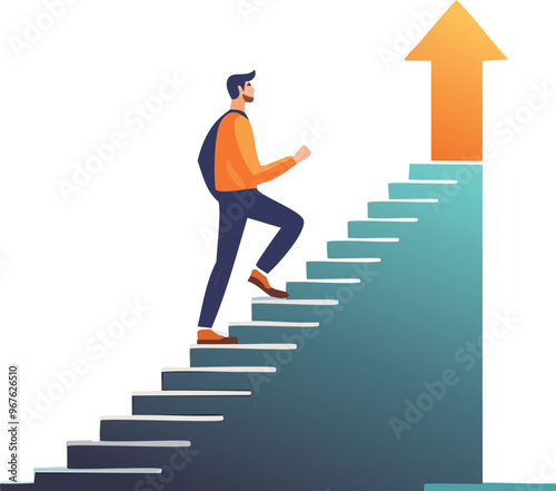 businessman running upstairs with an arrow symbolizing success and business growth