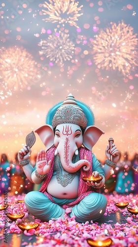 Lord Ganesha with Fireworks and Diyas.