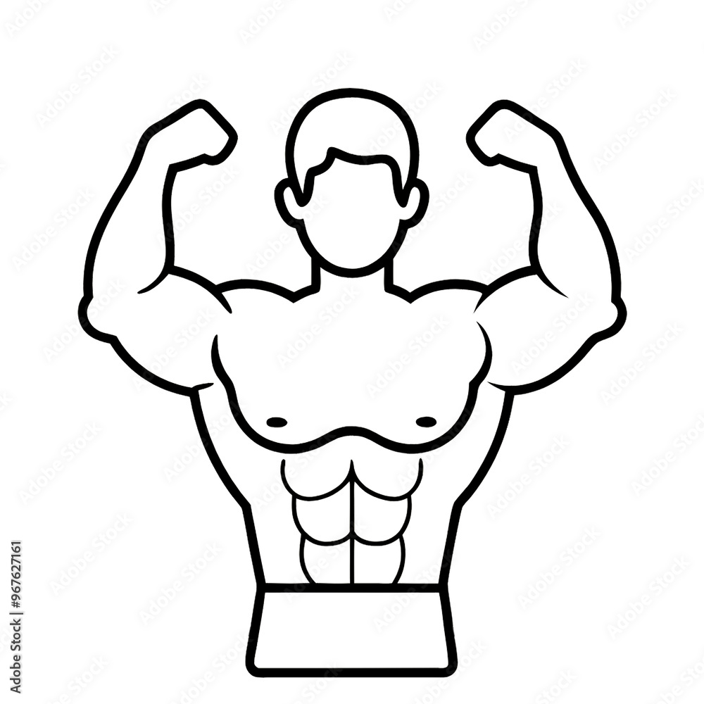 A muscular figure with flexed arms, defined chest, and six-pack abs, against on a transparent background. The silhouette is simple, with no facial details, emphasizing body strength A muscular figure with flexed arms, defined chest, and six-pack abs, against on a transparent background. The silhouette is simple, with no facial details, emphasizing body strength