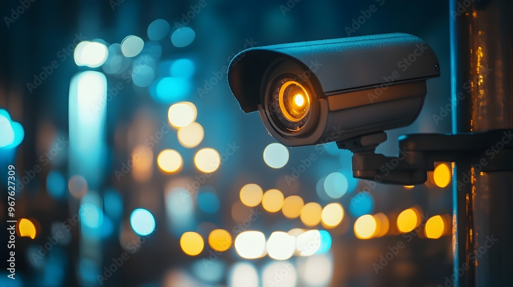Security Camera on City Street at Night with Bokeh Lights Security Camera on City Street at Night with Bokeh Lights