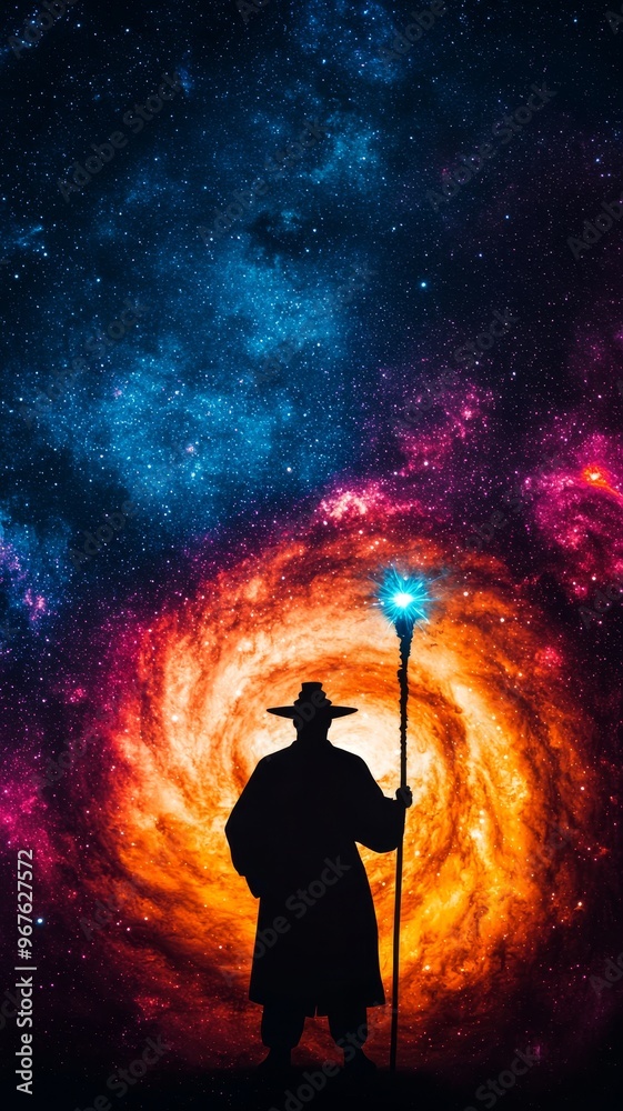 Wukong in silhouette, standing before a vibrant galaxy, his staff glowing with energy, minimalist and otherworldly, double exposure