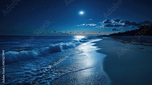 A moonlit beach with gentle waves washing over the shore, creating a serene and peaceful nighttime atmosphere photo