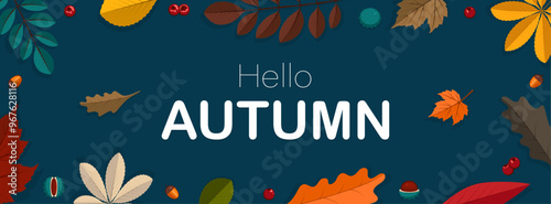 Autumn horizontal banner with colorful fall leaves,rowanberries,acorns,chestnuts and space for text.Seasonal vector illustration.