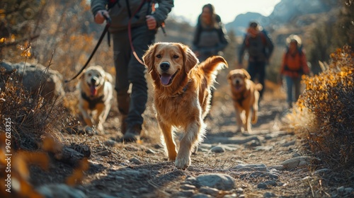 Dogs hiking with their owners on a rocky trail during a sunny day in nature photo