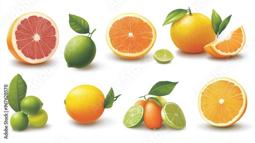 A set of assorted high-class citrus fruits and segments, like pomelos, limes, oranges, and grapefruits, each with a bright, shiny finish and realistic textures, isolated on a white background