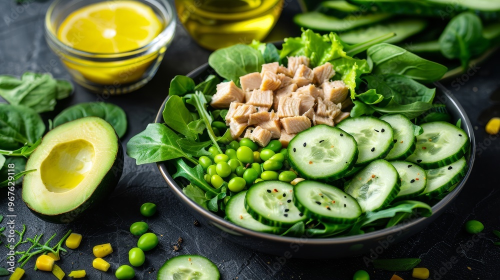 Fresh tuna salad with cucumbers, , avocado, spinach and green peas on dark background,
