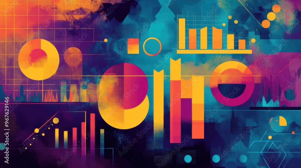 Obraz premium Vibrant abstract background featuring colorful shapes and graphs, perfect for business and creative projects.