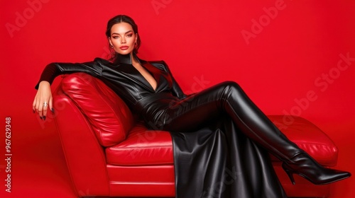 The striking model showcases high fashion while sitting elegantly on a red leather couch, exuding style in a form-fitting black leather ensemble, perfectly blending boldness and sophistication