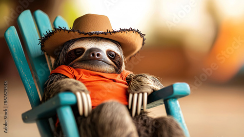 Relaxing in cowboy hat, this sloth embodies laid back vibe while lounging in colorful chair. Its playful expression adds touch of whimsy to scene photo