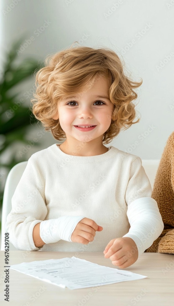 A cute child with a bandaged arm, sitting next to a parent with an insurance policy open on the table