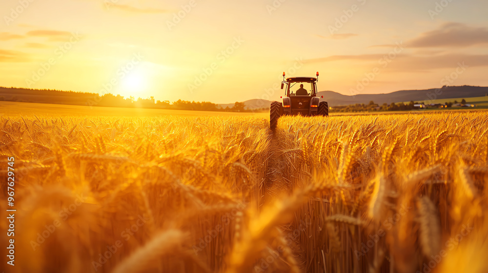 Fototapeta premium Farmers riding on a tractor through a golden wheat field, sunset glow illuminating the scene, harvest season, rural abundance