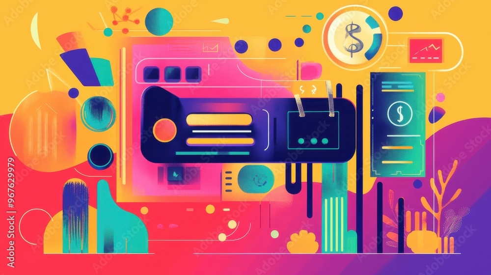 Obraz premium Vibrant abstract illustration featuring digital elements, charts, currency symbols, and colorful shapes in a modern design.