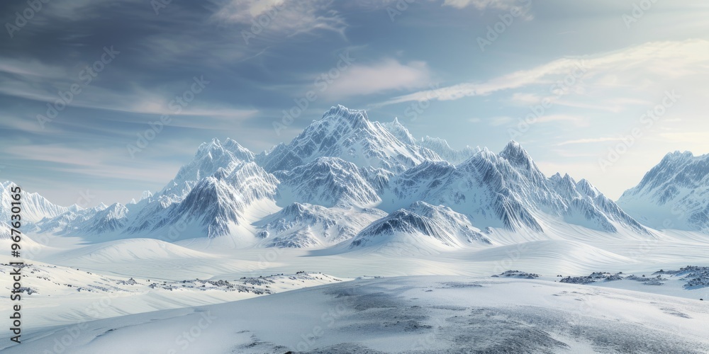 Fototapeta premium Panoramic view of snow mountains range landscape. Generative AI.