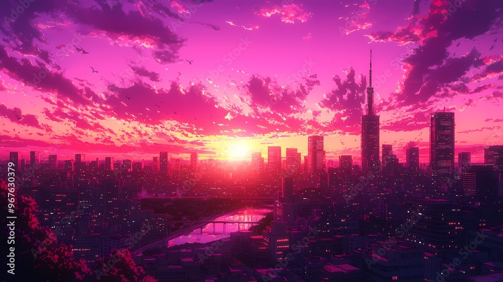 Fototapeta premium Vibrant sunset over a futuristic city skyline with purple and pink hues.