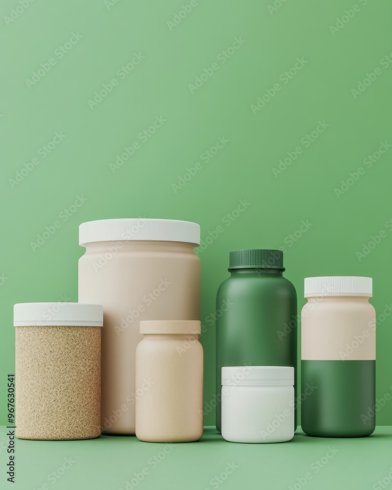 A collection of modern containers in various shapes and sizes against a green background, perfect for packaging concepts. A collection of modern containers in various shapes and sizes against a green background, perfect for packaging concepts.
