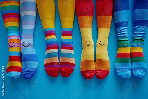 World Down syndrome day background. Down syndrome awareness concept. different socks. April Fool's Day, stupid socks. Odd Socks Day. Copy space