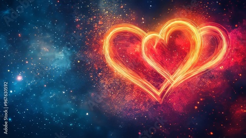 An abstract depiction of love with two intertwined hearts made of neon light trails against a dark, galaxy-like background, filled with cosmic dust and sparkles