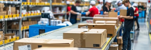 Order fulfillment process with workers picking and packing products in a bustling fulfillment center with copy space