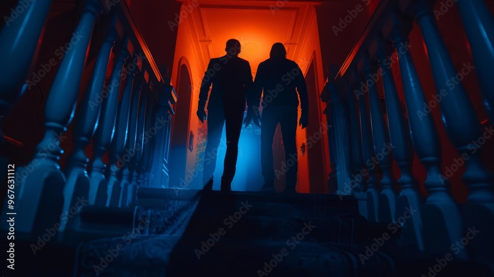 Two mysterious figures walk up a dark staircase in a spooky mansion. Two mysterious figures walk up a dark staircase in a spooky mansion.
