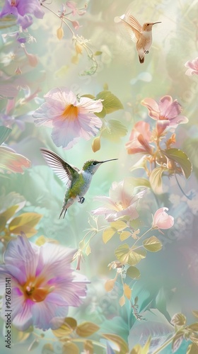 Pastel colored hummingbirds hovering over flowers, delicate wings blurred to show motion dreamlike garden scene