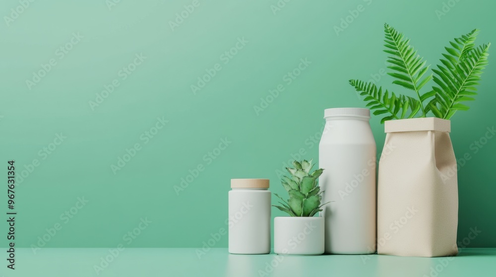 Minimalistic display of white containers and greenery against a soft green background, perfect for eco-friendly themes. Minimalistic display of white containers and greenery against a soft green background, perfect for eco-friendly themes.