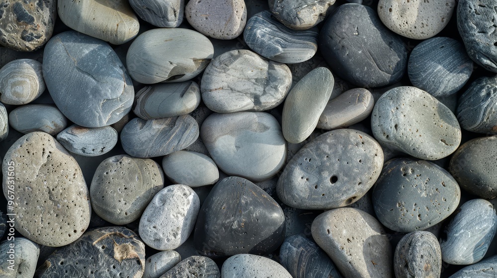 Close-up of smooth, grey and white pebbles. Close-up of smooth, grey and white pebbles.