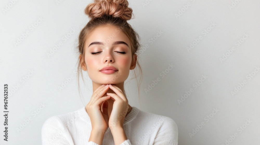A young woman with a relaxed demeanor poses gracefully, eyes closed and hands lightly resting on her chin, creating a tranquil and peaceful atmosphere A young woman with a relaxed demeanor poses gracefully, eyes closed and hands lightly resting on her chin, creating a tranquil and peaceful atmosphere