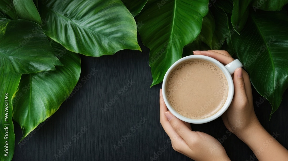 Hands gently cradling a warm cup of coffee are surrounded by vibrant green leaves, creating a serene atmosphere ideal for relaxation or reflection Hands gently cradling a warm cup of coffee are surrounded by vibrant green leaves, creating a serene atmosphere ideal for relaxation or reflection