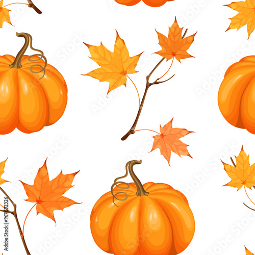 Seamless vector illustration features bright orange pumpkins and autumn maple leaves. Perfect for seasonal designs, patterns, and decorations for fall or Thanksgiving projects.