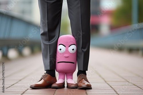 A symbolic cartoon pink sock near the feet of a businessman. Humor, April Fool's Day. background. April Fool's Day, stupid socks. Odd Socks Day. Copy space photo