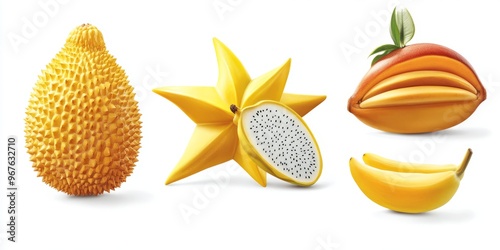 An elegant set of sticker-style assorted tropical fruits like starfruit, dragonfruit, jackfruit, and lychee, each with a glossy, textured surface, isolated on a white background photo