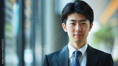 Portrait of a young Japanese businessman in formal attire, exuding confidence and professionalism with copy space