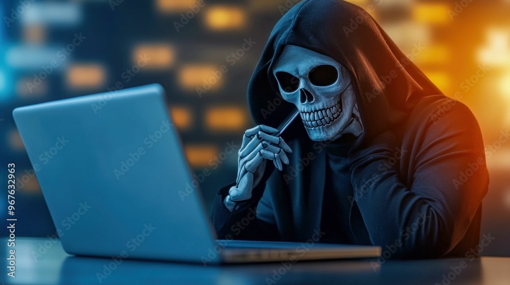 Grim reaper figure working on a laptop in a dark office. Generative ai Grim reaper figure working on a laptop in a dark office. Generative ai