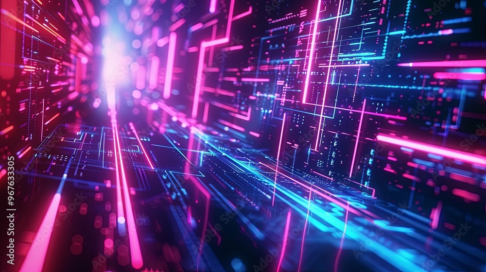 Abstract Digital Tunnel with Neon Lights