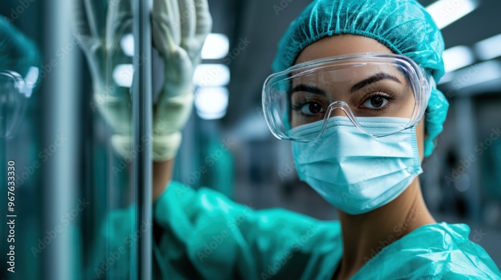 A dedicated healthcare worker, donned in scrubs, gloves, and a face mask, focuses intently while standing close to glass panels in a medical environment A dedicated healthcare worker, donned in scrubs, gloves, and a face mask, focuses intently while standing close to glass panels in a medical environment