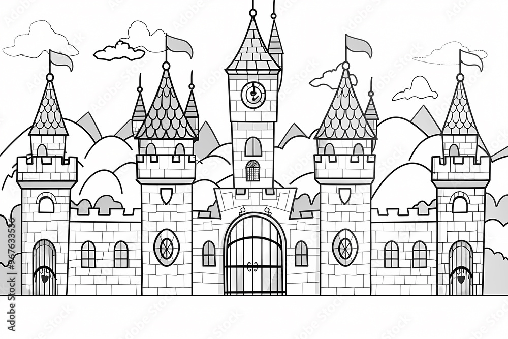 A whimsical black and white illustration of a fairytale castle, complete with towers and a clock, inviting creativity and imagination. A whimsical black and white illustration of a fairytale castle, complete with towers and a clock, inviting creativity and imagination.