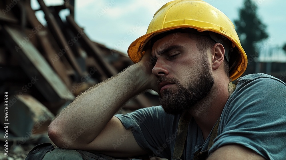 A construction worker sits on the ground, visibly exhausted, with his head resting on his hand A construction worker sits on the ground, visibly exhausted, with his head resting on his hand