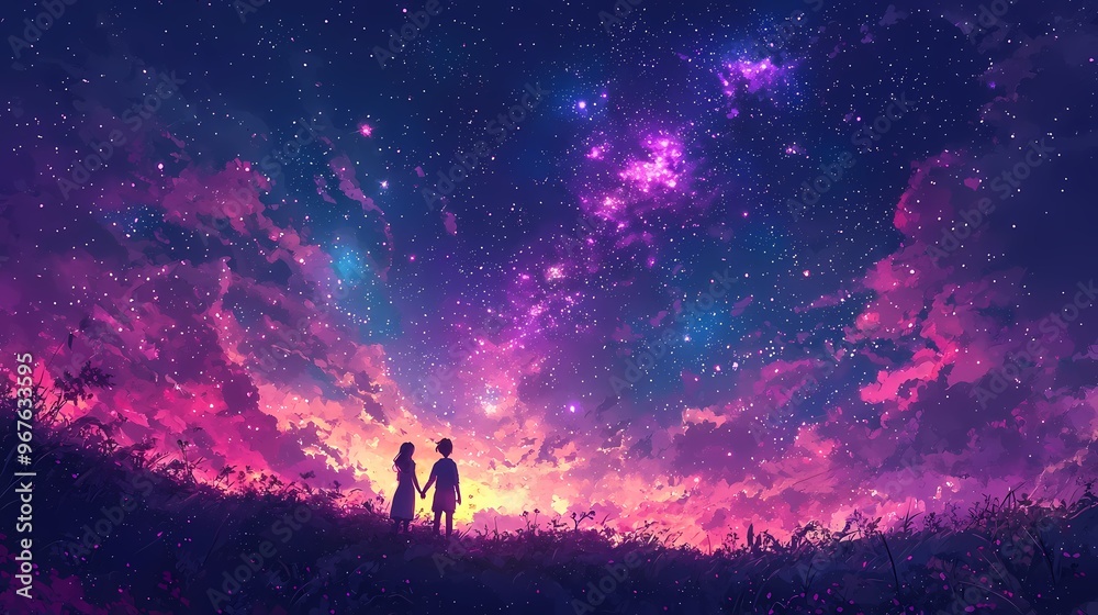 A couple holding hands under a stunning starry sky. A couple holding hands under a stunning starry sky.