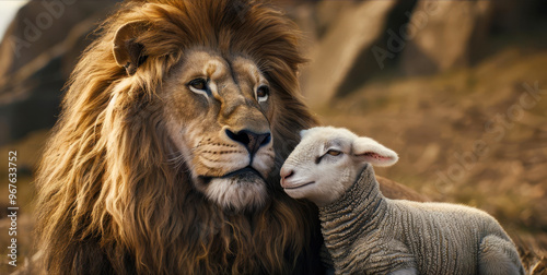 A majestic lion and a small lamb standing side by side, representing peace and harmony.