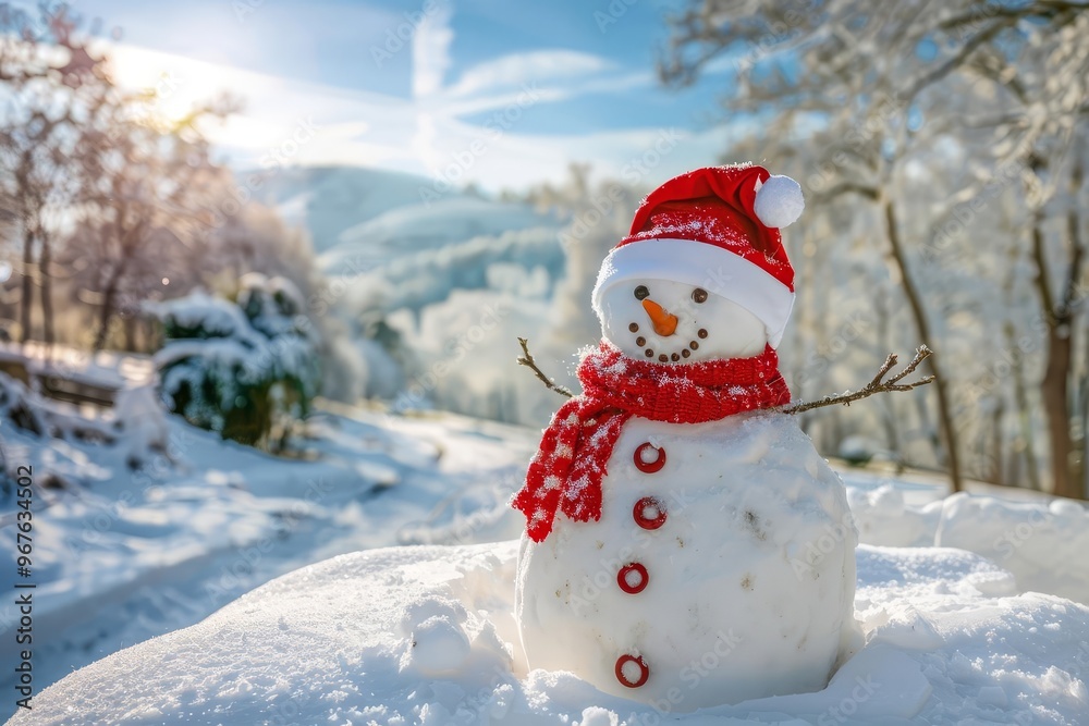 Obraz premium A cheerful snowman in a red Santa hat and scarf stands proudly along a snowy path, surrounded by frost-laden trees, capturing the joy and beauty of winter.
