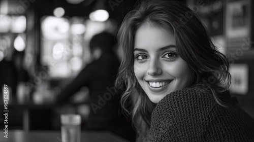 intimate black and white portrait of a thoughtful young woman, cozy cafe, calm expression, relaxed peaceful mood in a quiet atmosphere