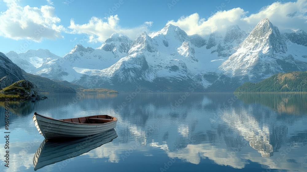A serene lake reflecting snow-capped mountains in the background, with a small boat drifting on the calm water A serene lake reflecting snow-capped mountains in the background, with a small boat drifting on the calm water