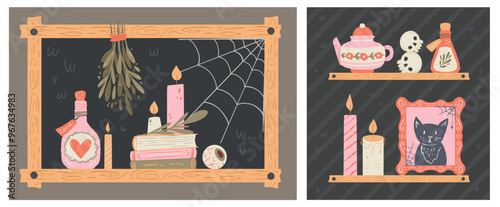 Spooky Witch shelf with hand-drawn Potions, Candles, Books, and Skulls. Cute Halloween stickers for planners, invitations, and scrapbooking collages