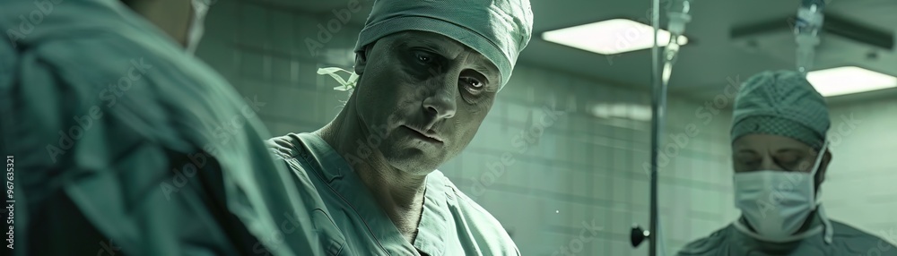 A focused operating room scene shows two medical professionals in scrubs and masks. lead surgeon analyzes the situation while a colleague assists. A focused operating room scene shows two medical professionals in scrubs and masks. lead surgeon analyzes the situation while a colleague assists.