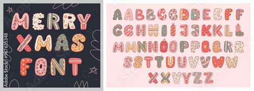 Funny Christmas Alphabet Letters with Tradition Ornaments. Playful Ransom Holiday Font for greeting cards, banner, invitations, planners, and scrapbooking