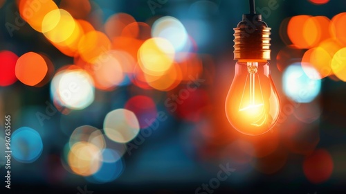 A glowing incandescent light bulb hangs against a soft bokeh backdrop of vibrant colors, creating a warm, inviting atmosphere perfect for decor, blogs, or marketing.